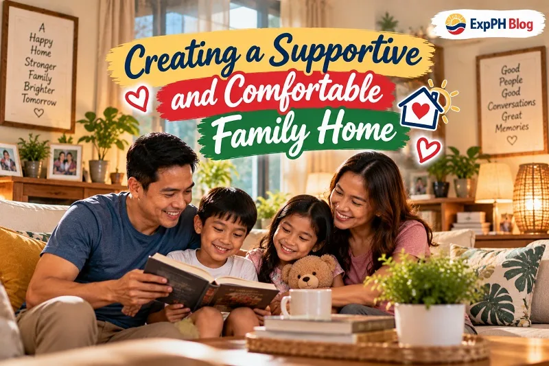 Filipino parents and their two children reading a book together on a cozy living room sofa in a warm and welcoming home.