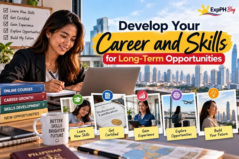 Develop Your Career and Skills for Long-Term Opportunities, featuring a Filipina professional learning online, earning certifications, gaining experience, and preparing for career growth.