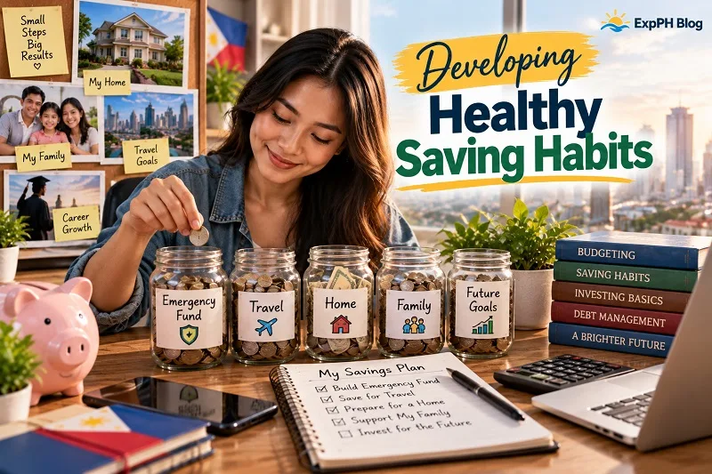 Developing Healthy Saving Habits, featuring a Filipina saving money in jars for an emergency fund, family needs, travel, homeownership, and future goals.