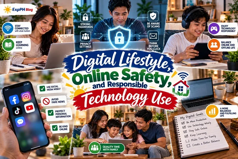Filipino adults using digital devices safely, with visuals representing strong passwords, online privacy, scam awareness, and healthy technology habits.