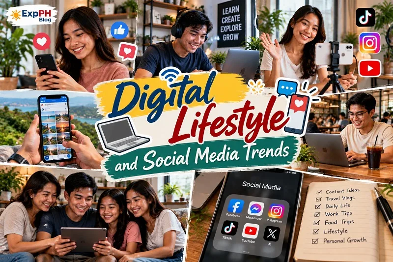 Digital Lifestyle and Social Media Trends featuring Filipinos using smartphones, creating online content, working on laptops, and connecting through social media for ExpPH Blog.