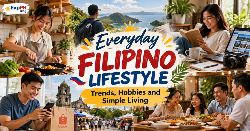 Everyday Filipino Lifestyle collage featuring home cooking, hobbies, local travel, online shopping, reading, and family time for ExpPH Blog.