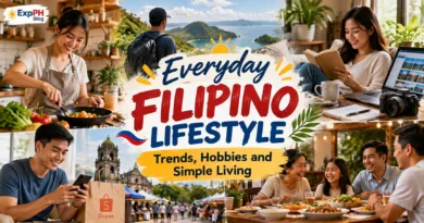 Everyday Filipino Lifestyle collage featuring home cooking, hobbies, local travel, online shopping, reading, and family time for ExpPH Blog.