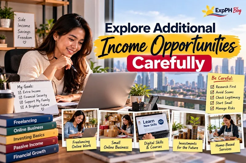 Explore Additional Income Opportunities Carefully, featuring a Filipina planning side income through freelancing, online business, digital skills, investments, and home-based services.