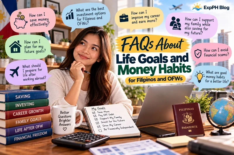FAQs About Life Goals and Money Habits for Filipinos and OFWs, featuring a Filipina exploring questions about saving, budgeting, career growth, family support, and financial security.