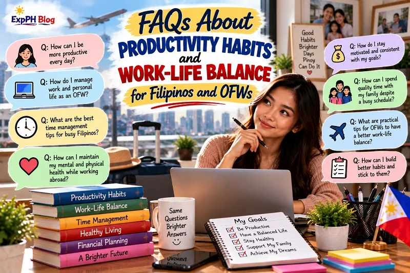 Filipina professional planning her goals at a laptop, surrounded by books about productivity and work-life balance, with question panels about time management, healthy habits, family responsibilities and productivity for OFWs.