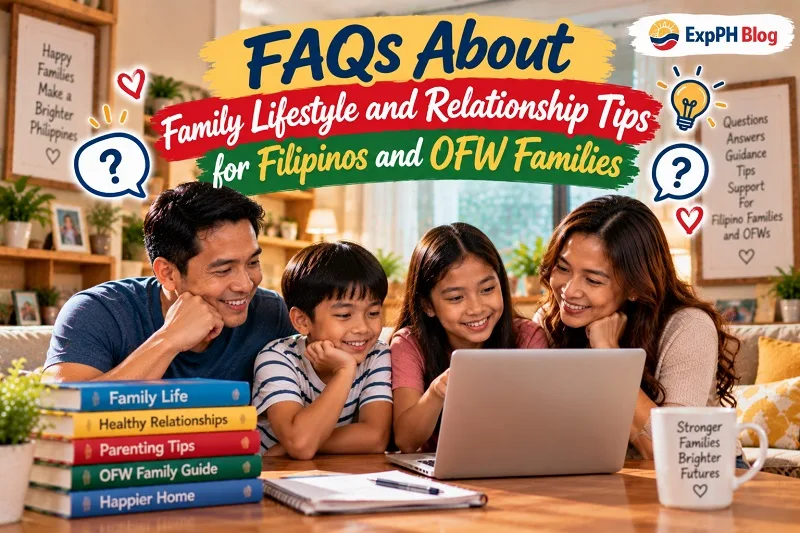 Family Lifestyle and Relationship Tips for Filipino parents and their two children exploring family relationship advice on a laptop in their living room.