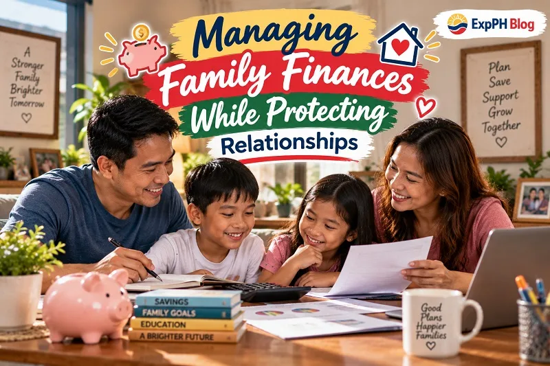Filipino parents and their children reviewing household expenses and savings goals together at the dining table.