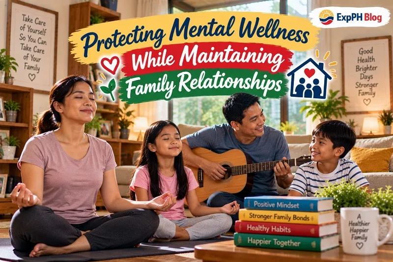 Filipino family spending peaceful time together at home through meditation, music, and shared activities to support mental wellness and strong relationships.