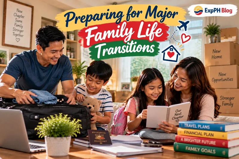 Filipino parents and their two children preparing for a major life change by packing a suitcase and planning their next chapter together at home.