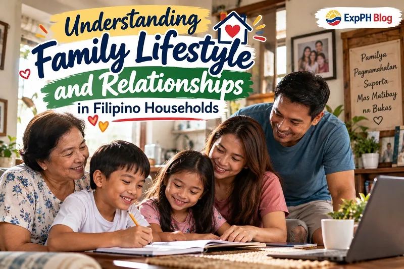 A multigenerational Filipino family helping children with homework together at home, representing family values, support, and strong relationships.