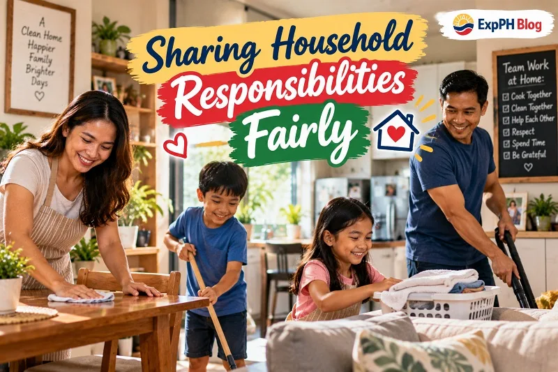 Filipino parents and their two children sharing household chores by cleaning the table, sweeping the floor, folding laundry, and vacuuming at home.