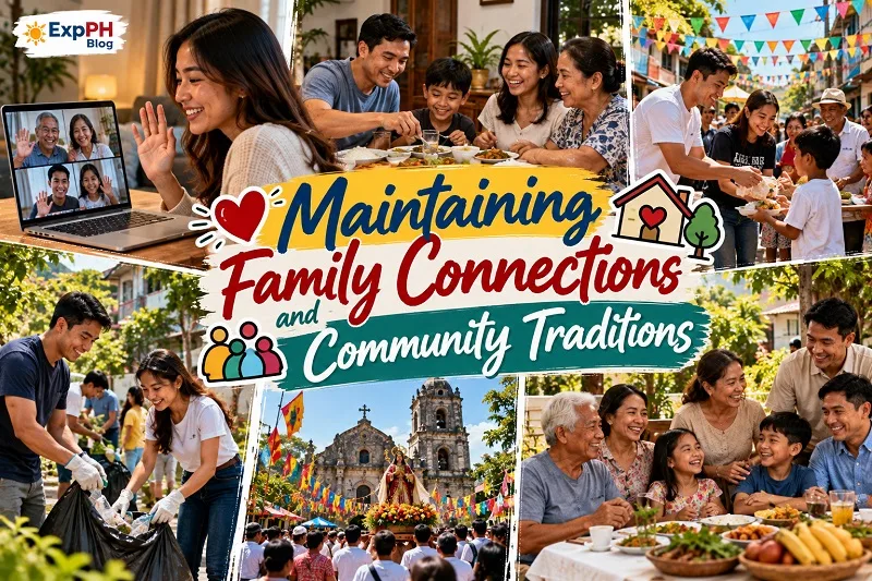 Maintaining Family Connections and Community Traditions featuring Filipino families sharing meals, connecting through video calls, joining community activities, and celebrating local fiestas for ExpPH Blog.