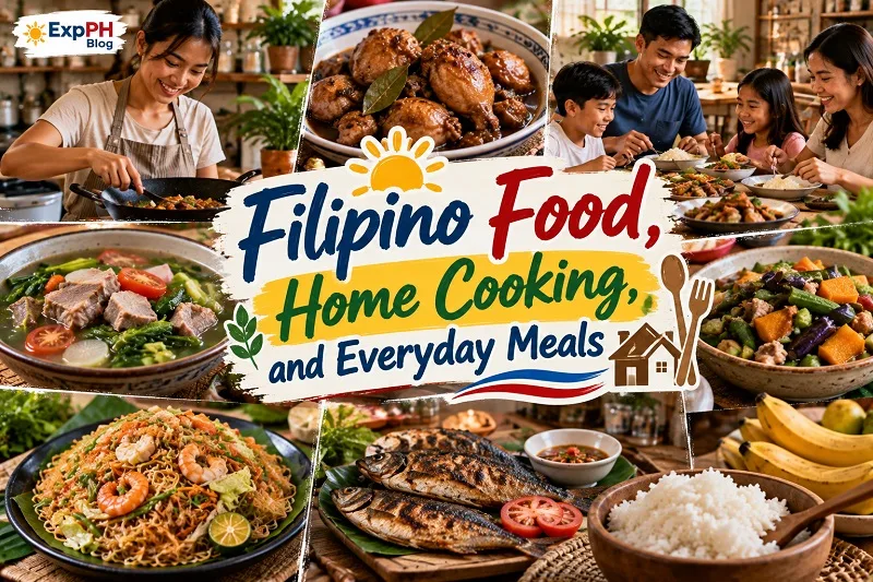 Filipino Food, Home Cooking, and Everyday Meals featuring Filipino family dining, home-cooked adobo, sinigang, pancit, grilled fish, fresh vegetables, and rice for ExpPH Blog.