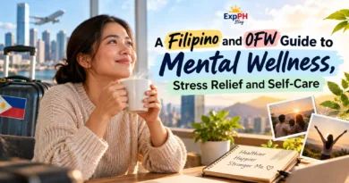 Filipino woman relaxing with a warm drink beside luggage and family photos, representing mental wellness, stress relief and self-care for Filipinos and OFWs.