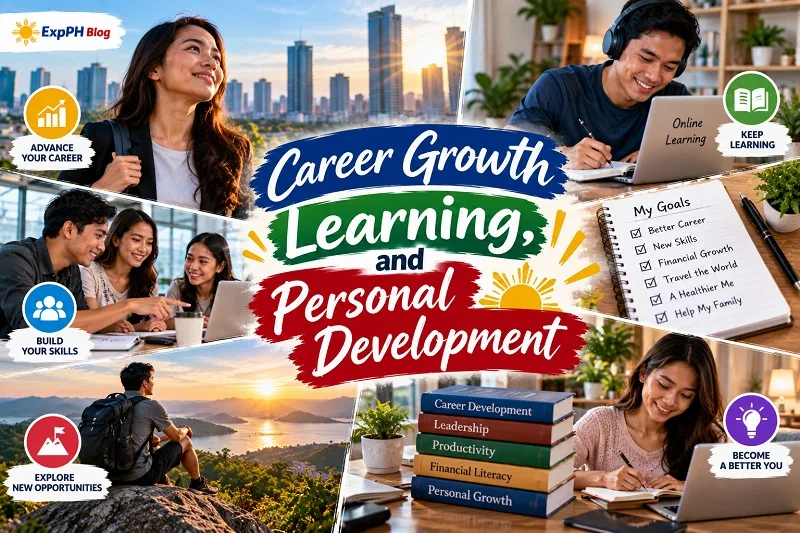 Filipino professionals learning online, developing career skills, collaborating with colleagues, and planning personal goals.