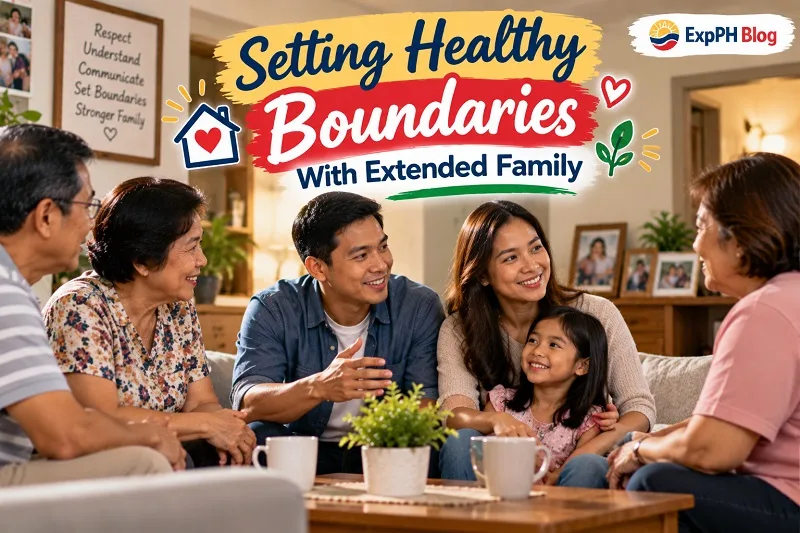 Filipino parents, their child, and extended family members sharing a friendly conversation in a cozy living room.