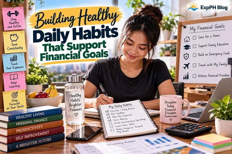Building Healthy Daily Habits That Support Financial Goals, featuring a Filipina organizing her daily routine, tracking expenses, saving money, and planning for financial security.