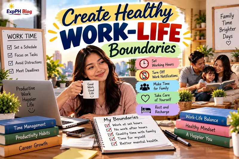 Filipina professional working at a laptop beside a checklist of healthy work-life boundaries, with a Filipino family spending quality time together in the background.