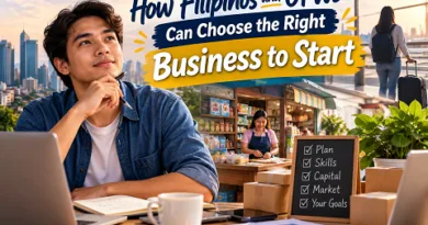 Filipino entrepreneur planning a business while an OFW prepares to return home, highlighting capital, skills, market, and business goals.