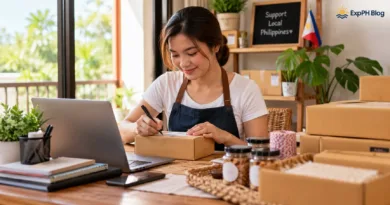 Filipino entrepreneur starting a home business in the Philippines, preparing product orders and packages at home.