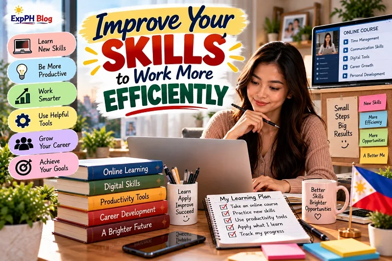 Filipina professional learning at a laptop in a bright home office, with online course materials, books, a learning plan and notes about digital skills, productivity and career growth.