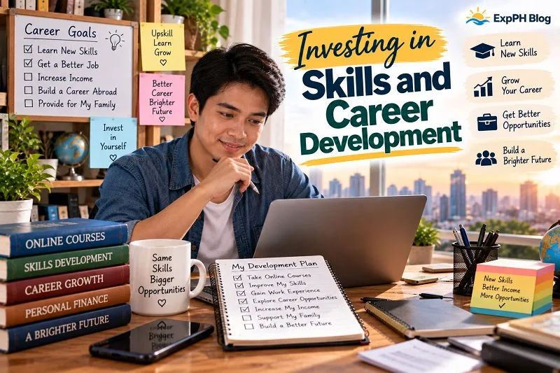 Investing in Skills and Career Development, featuring a Filipino man learning online, planning career goals, and building skills for better opportunities.