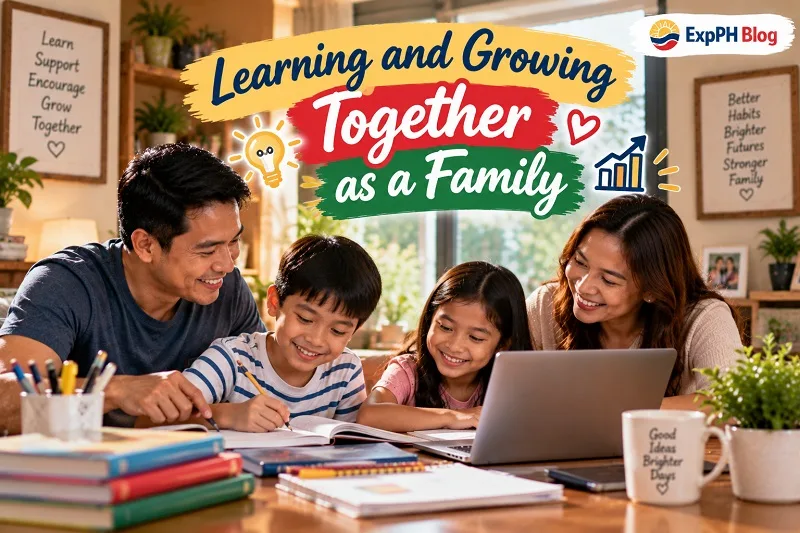 Filipino parents helping their two children study at home, with books and a laptop on the table, representing family learning and growth.