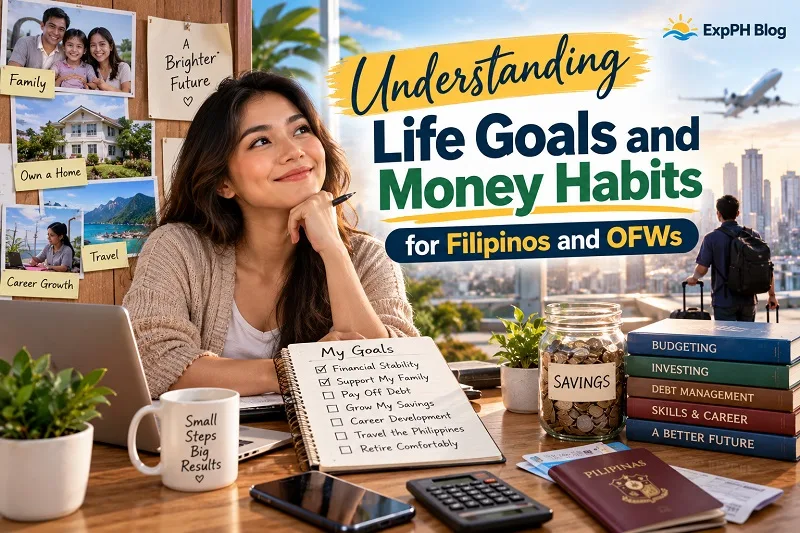Understanding Life Goals and Money Habits for Filipinos and OFWs, featuring a Filipina planning her financial goals, savings, career growth, and family future.