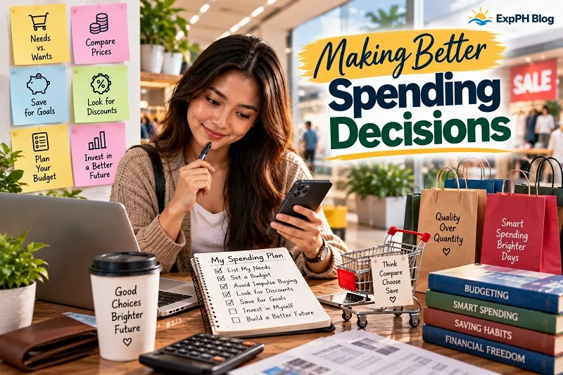 Making Better Spending Decisions, featuring a Filipina comparing shopping choices, checking prices, planning expenses, and avoiding impulse purchases.