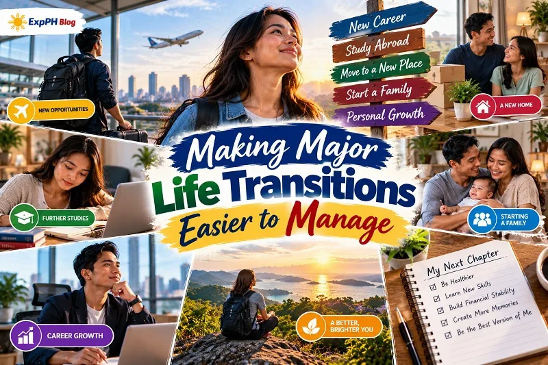 Filipino adults navigating major life changes, including career growth, studying, moving home, starting a family, and personal development.