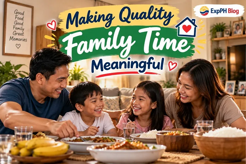 Filipino parents and their two children sharing a happy family meal at home, showing the value of quality time and family bonding.