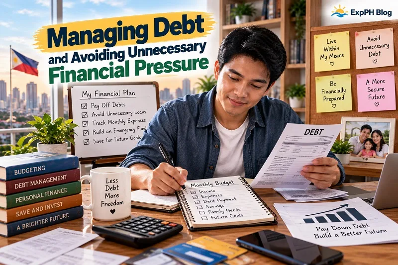 Managing Debt and Avoiding Unnecessary Financial Pressure, featuring a Filipino man reviewing debt statements, planning repayments, and organizing his monthly budget.