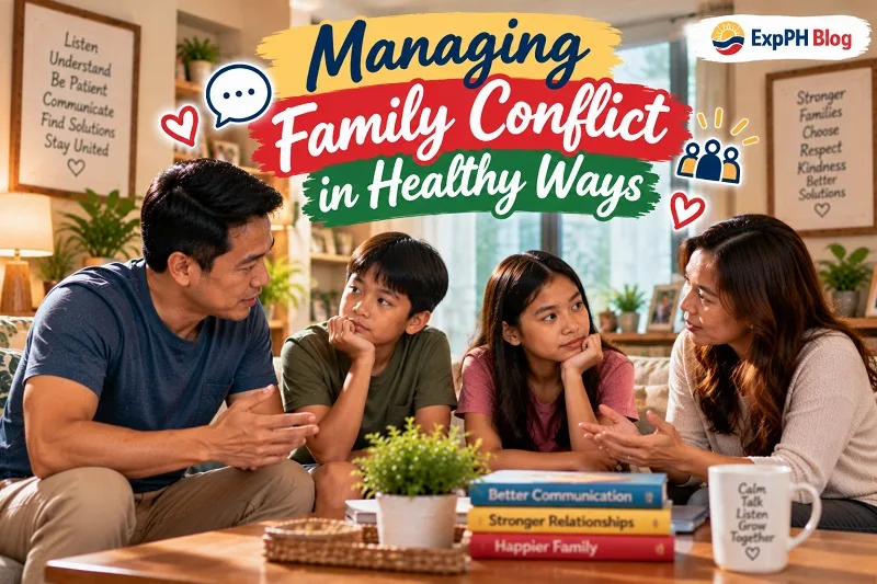 Filipino parents talking calmly with their two children in the living room, demonstrating respectful communication and healthy conflict resolution.