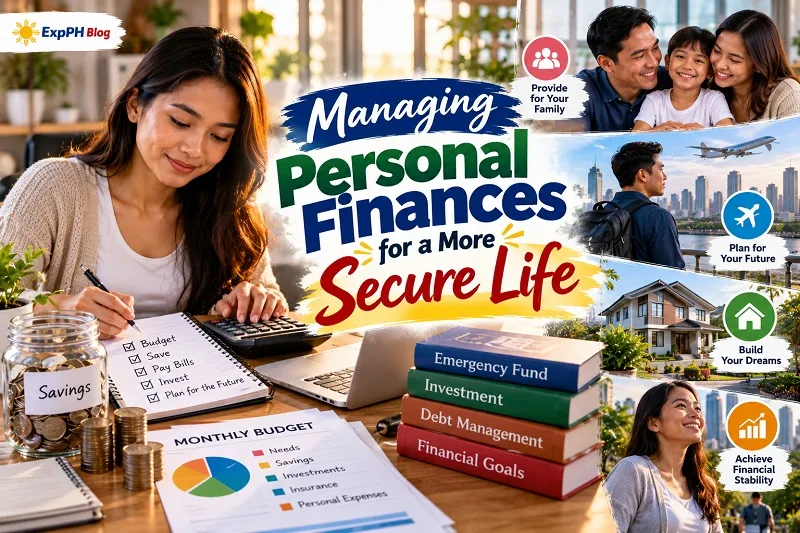 Filipino woman planning her budget with savings, financial goals, and family financial security illustrations.