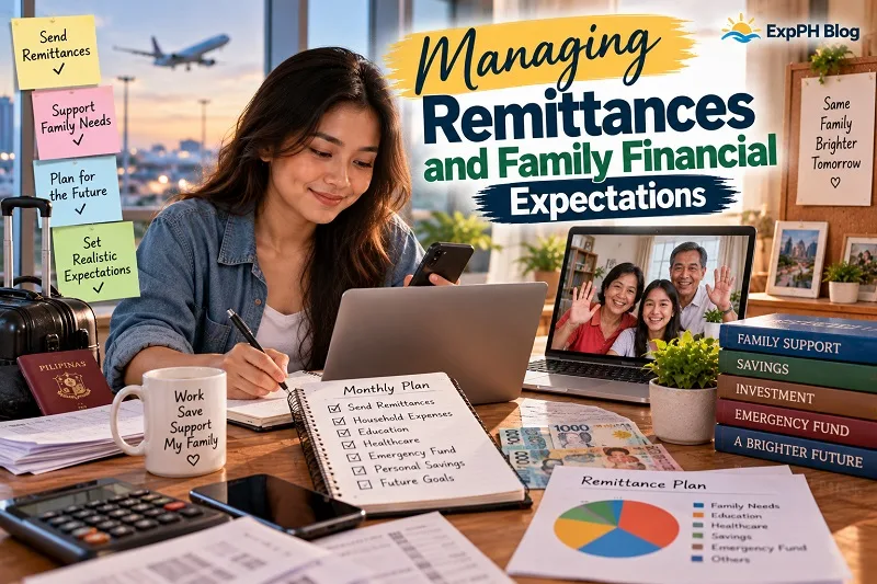 Managing Remittances and Family Financial Expectations, featuring a Filipina planning family remittances, household expenses, savings, and future financial goals.