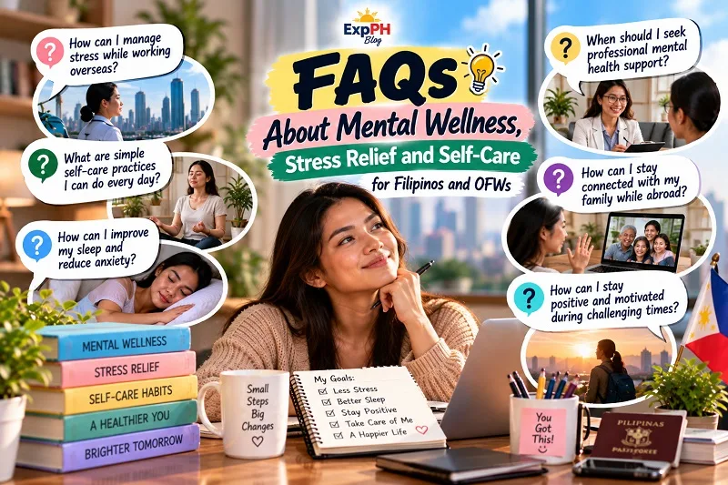 Filipina woman reflecting at a desk surrounded by mental wellness FAQs about stress relief, daily self-care, better sleep, professional mental health support, family connections, and staying motivated.
