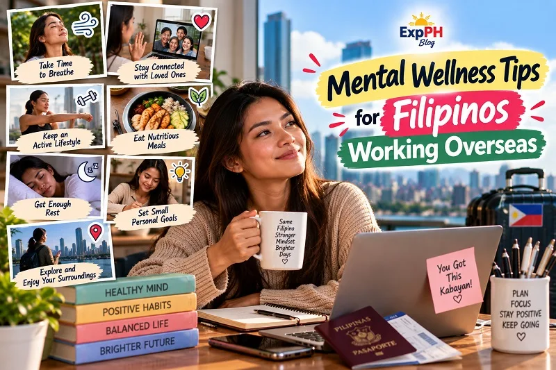 Filipina OFW relaxing with a warm drink beside a laptop and Philippine passport, surrounded by reminders about breathing, family connections, exercise, healthy meals, sleep, and personal goals.