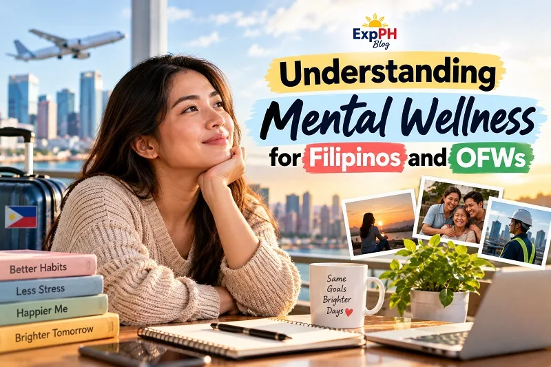 Filipina woman reflecting peacefully beside a Philippine-flagged suitcase, with family photos and self-care items, representing mental wellness for Filipinos and OFWs.