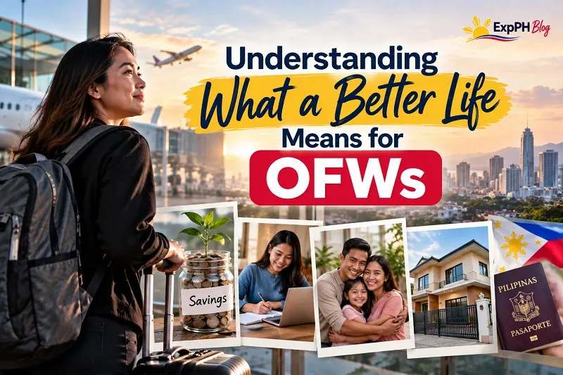Understanding What a Better Life Means for OFWs, featuring a Filipino overseas worker, family relationships, savings, career development, and plans for a future home.