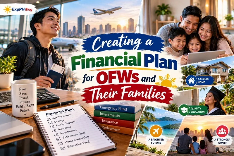 Filipino overseas worker and family planning finances with a budget notebook, savings goals, and a secure future in mind.