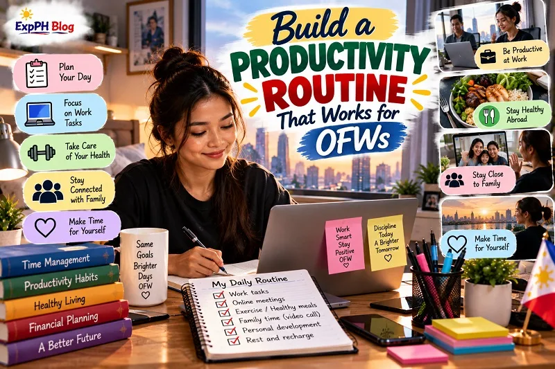 Filipina OFW planning her daily routine at a laptop in an overseas home workspace, with a checklist for work tasks, healthy meals, exercise, family video calls, personal development and rest.