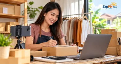 Online Selling for Filipinos with a Filipino entrepreneur managing online orders, product packages, laptop, and smartphone from a home-based business workspace.