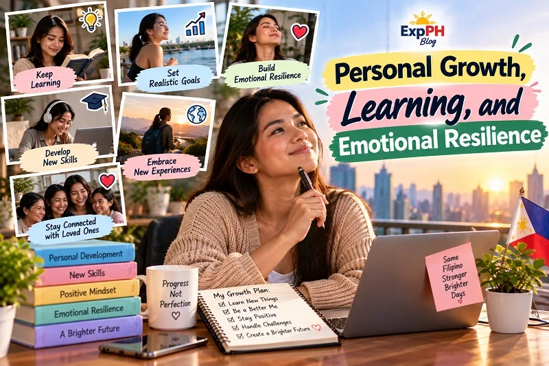 Filipina woman planning her personal growth beside a laptop and notebook, surrounded by reminders about learning new skills, setting realistic goals, building emotional resilience, and staying connected with loved ones.