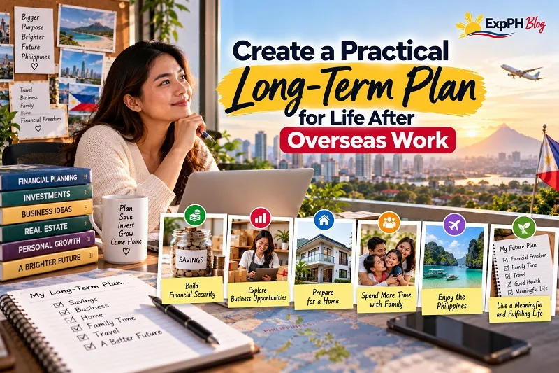 Create a Practical Long-Term Plan for Life After Overseas Work, featuring a Filipina planning savings, business opportunities, homeownership, family time, and future goals.