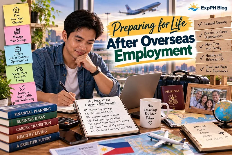 Preparing for Life After Overseas Employment, featuring a Filipino man planning his savings, career options, family time, and return to the Philippines.