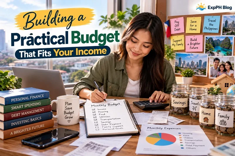 Building a Practical Budget That Fits Your Income, featuring a Filipina organizing monthly expenses, savings, debt payments, and family financial goals.