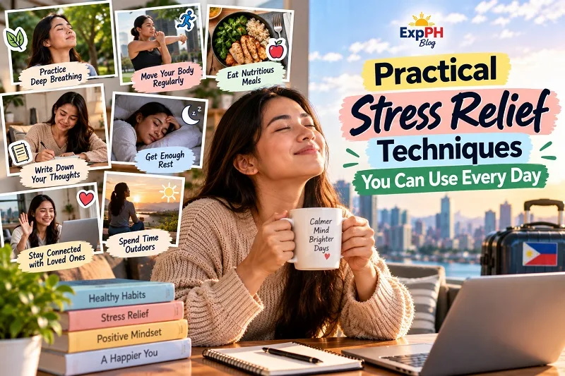 Filipina woman relaxing with a warm drink, surrounded by images of deep breathing, exercise, healthy meals, journaling, restful sleep, family connections, and outdoor activities.