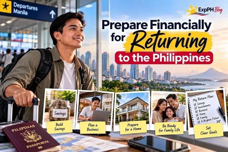 Prepare Financially for Returning to the Philippines, featuring a Filipino OFW planning savings, business opportunities, housing, family life, and long-term financial goals.