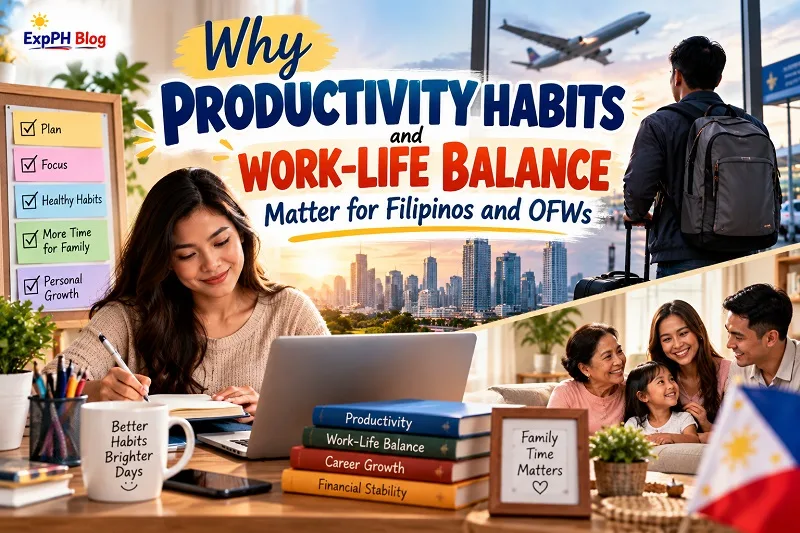 Filipina professional planning her workday beside productivity notes, with an OFW traveler at an airport, a Filipino family spending time together, and a Philippine flag representing productivity and work-life balance.
